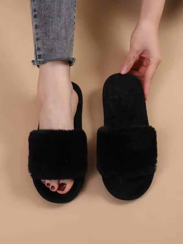 Fall/Winter Black Minimalist Fuzzy Bedroom Slippers,Fluffy Slippers