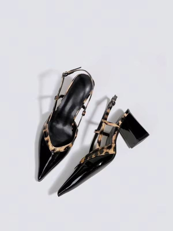 Women's Black Leopard Print Patchwork High Heel Shoes, Party Pumps, Wedding Formal Dress Shoes, 7cm Chunky Heel Pointed Toe Mules