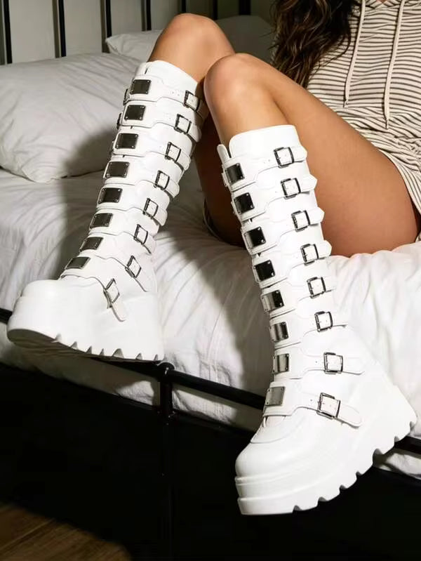 Women's Y2K Goth Knee High Boots Fashion Cosplay Punk Metal Buckle Wedges High Heels Back Zipper Round Toe Platform Boots